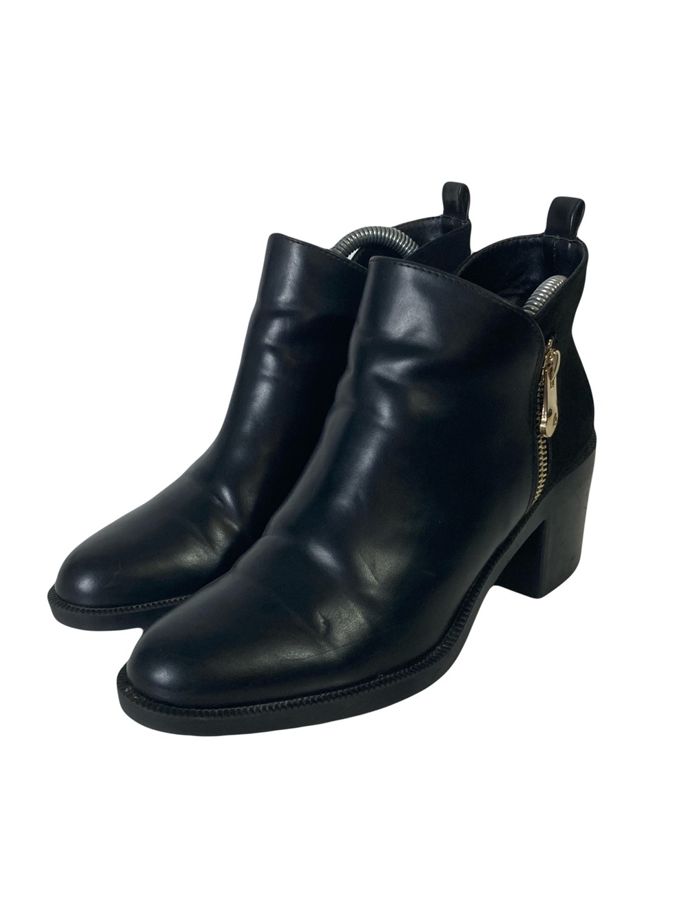 ZARA TRAFALUC Boots 37/US 7 Black Leather Ankle Stack Block Heel